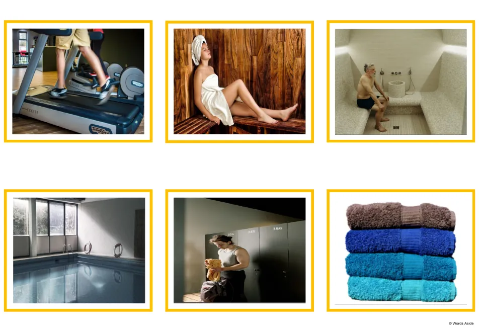 Gym photo cards showing a treadmill runner, sauna, hammam steam room, indoor pool, locker room and stacked towels