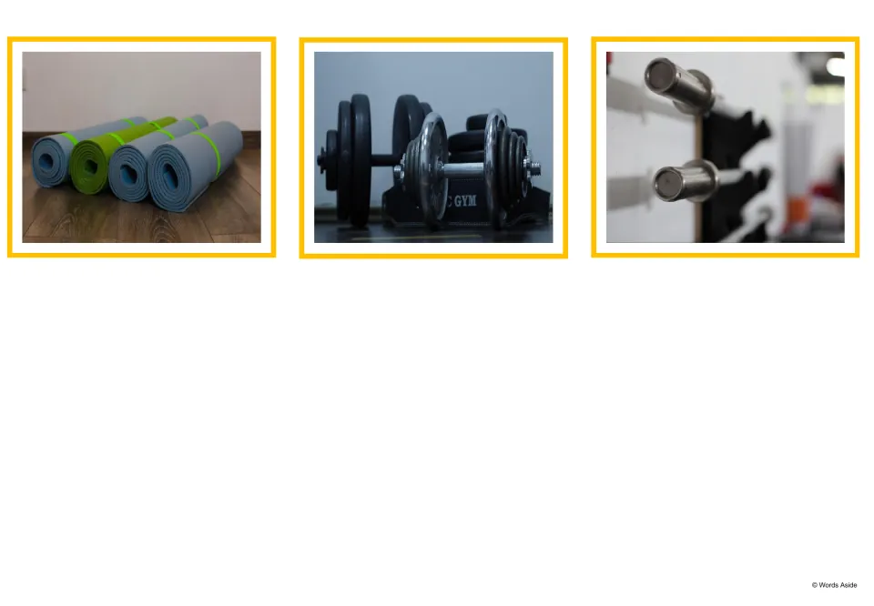 Gym photo cards showing rolled exercise mats, a pair of dumbbells on a rack and barbell ends on a wall rack