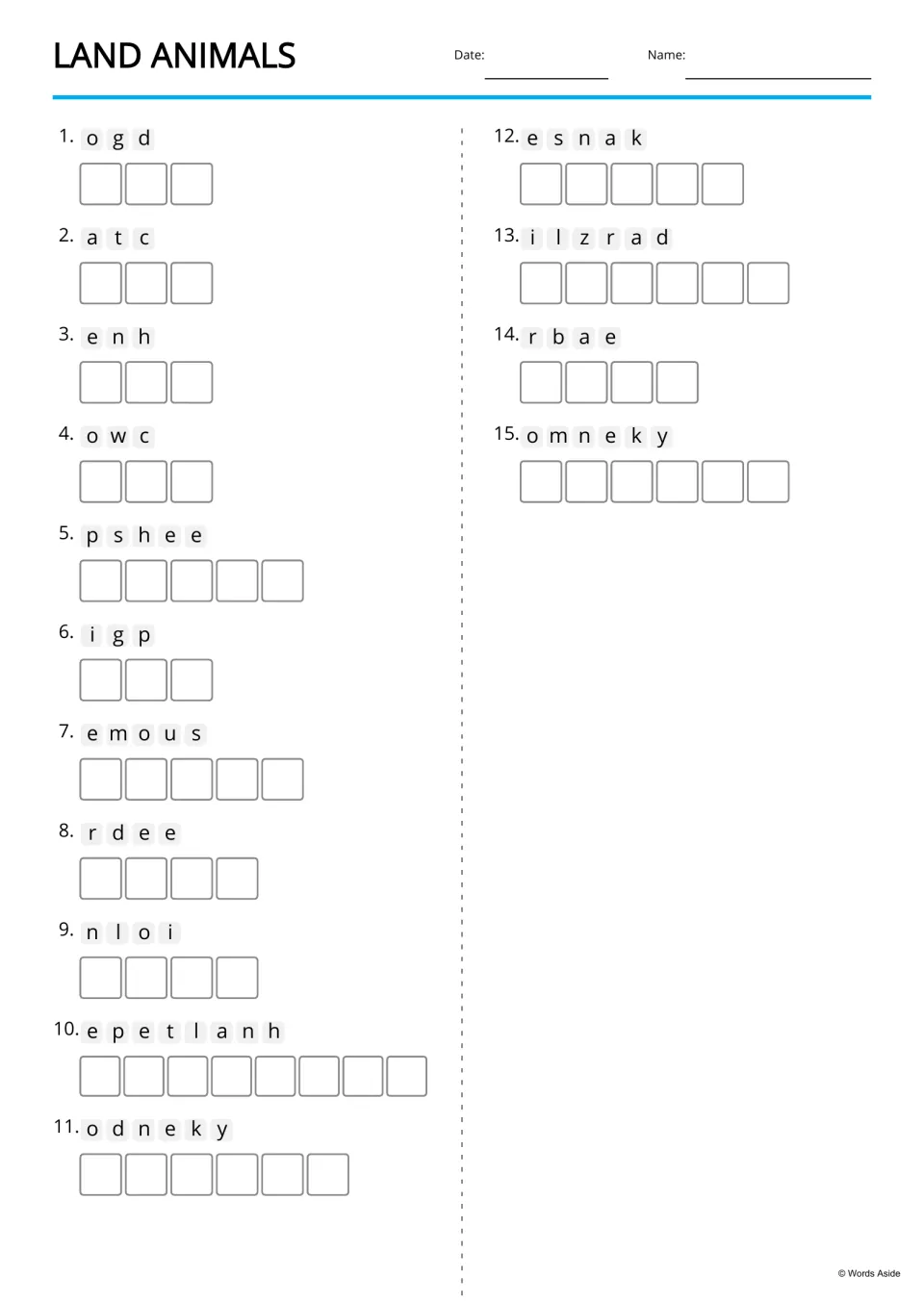 Land animals anagrams: students unscramble 15 jumbled animal names such as ogd, rbae and epetlanh and spell each one