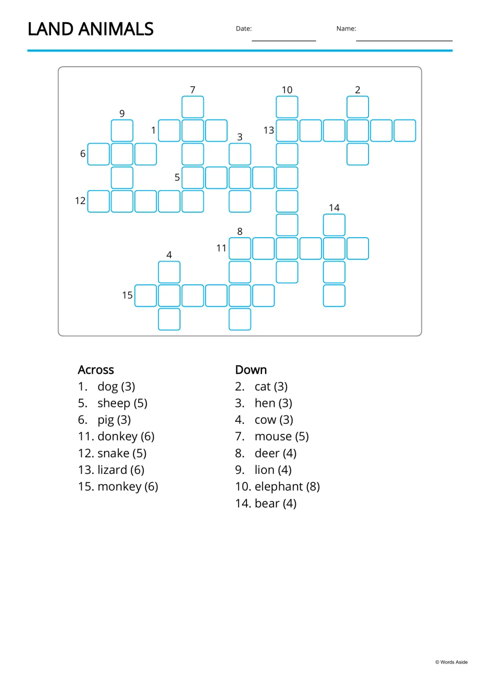 Land animals crossword: students fit 15 animal names into the puzzle using Across and Down clues listing word and length