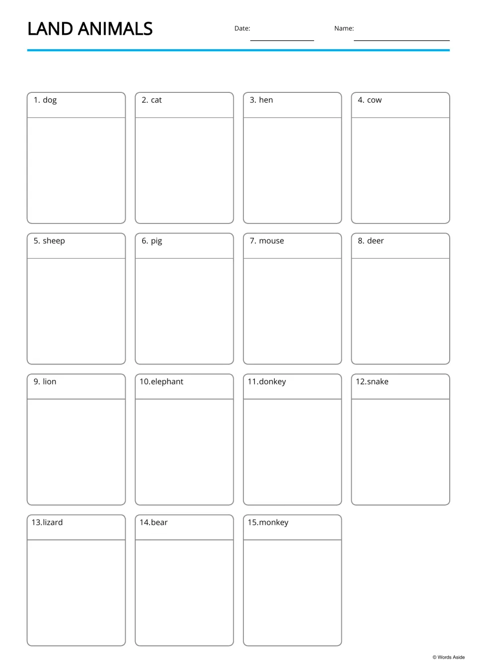 Land animals vocabulary page: 15 numbered animal names from dog to monkey, each with an empty space below for student work