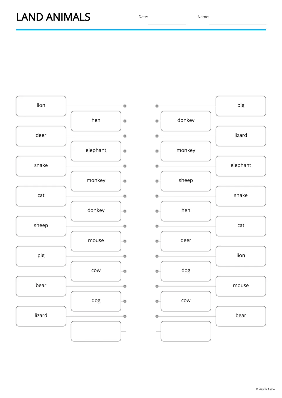 Land animals word matching: students connect each animal name, like lion, hen and deer, to the same word in a mixed-up list