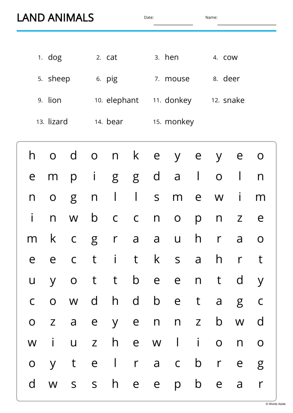 Land animals word search: students find 15 animal words, from dog and cat to elephant and monkey, hidden in a letter puzzle