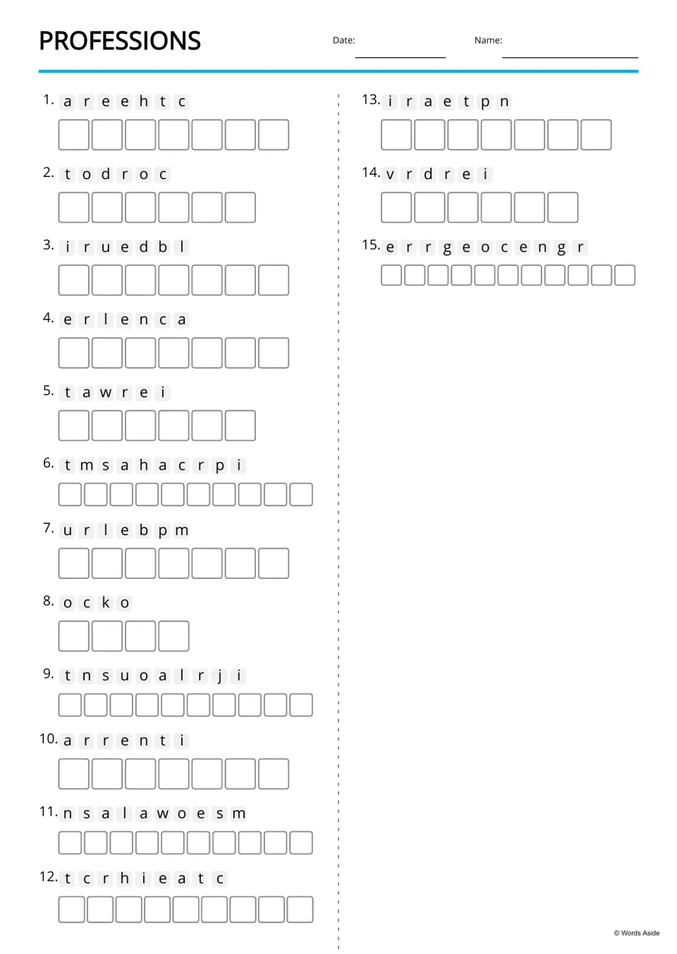 Professions anagrams: students unscramble 15 jumbled job words, such as teacher and doctor, writing one letter per box