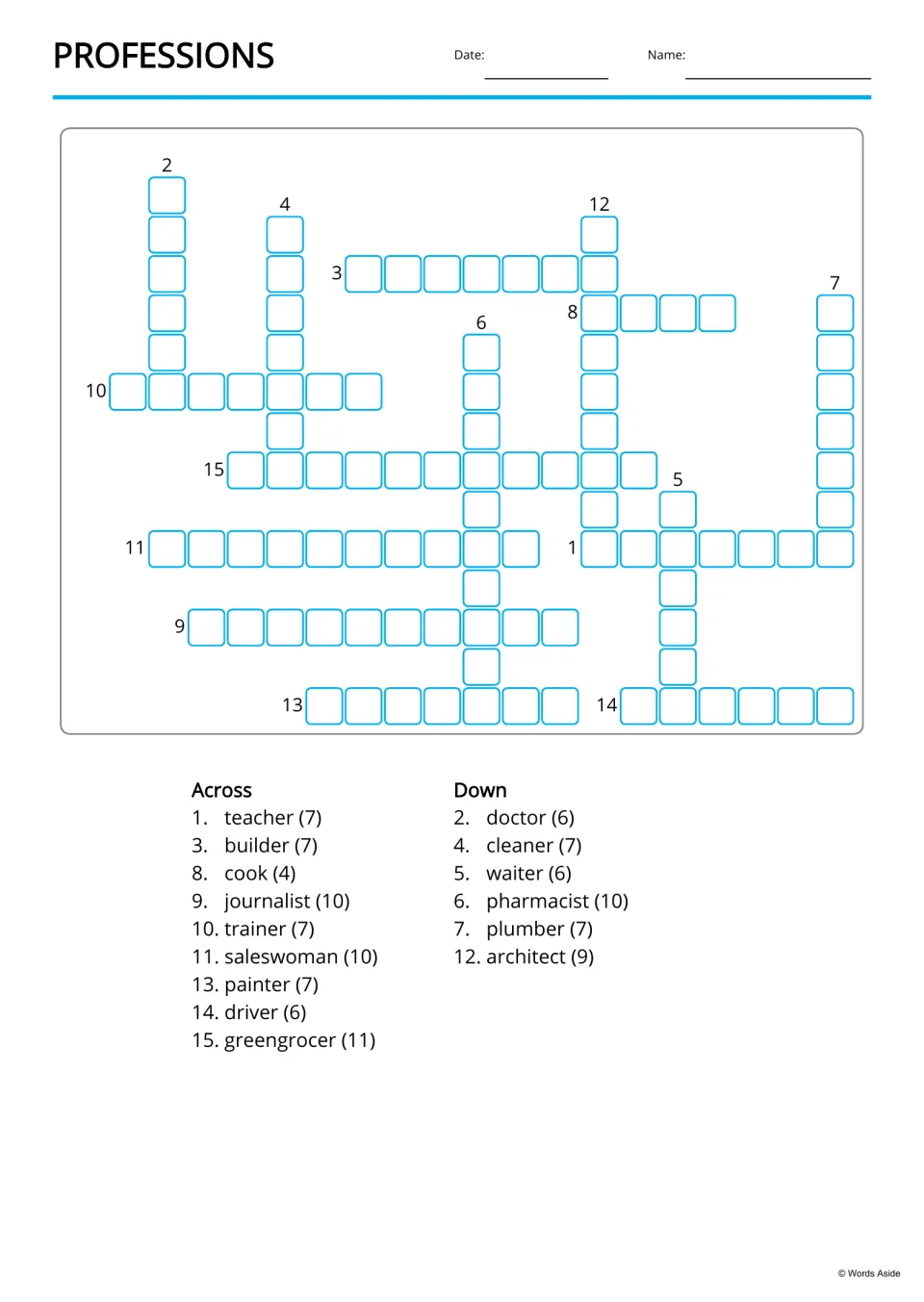 Professions crossword: students fill in 15 job words from Across and Down clues that give each word and its letter count