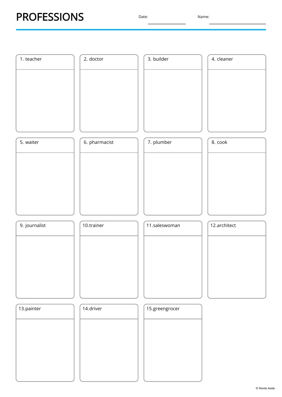 Professions drawing page: students illustrate each of 15 labeled jobs, from teacher and cook to journalist and greengrocer