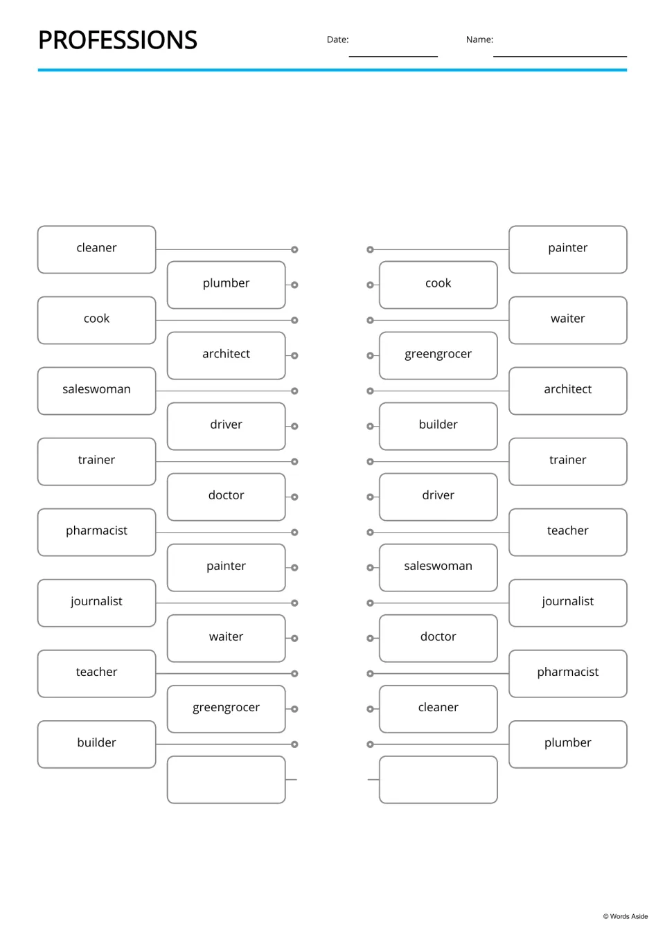 Professions word matching: students draw lines to connect identical job words, such as plumber, architect and pharmacist