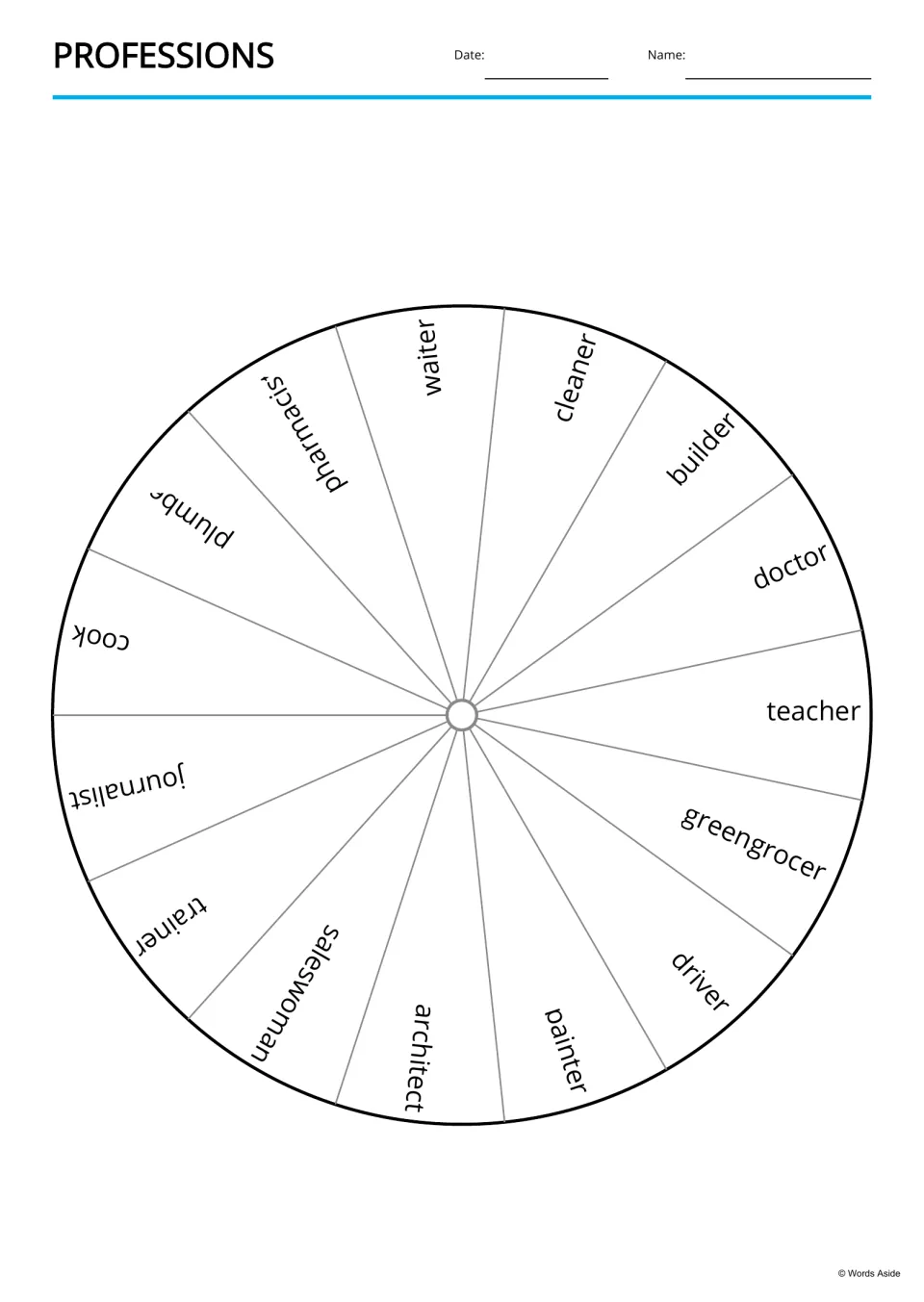 Professions word wheel: 15 job words, including waiter, builder, teacher and driver, written in segments around a circle