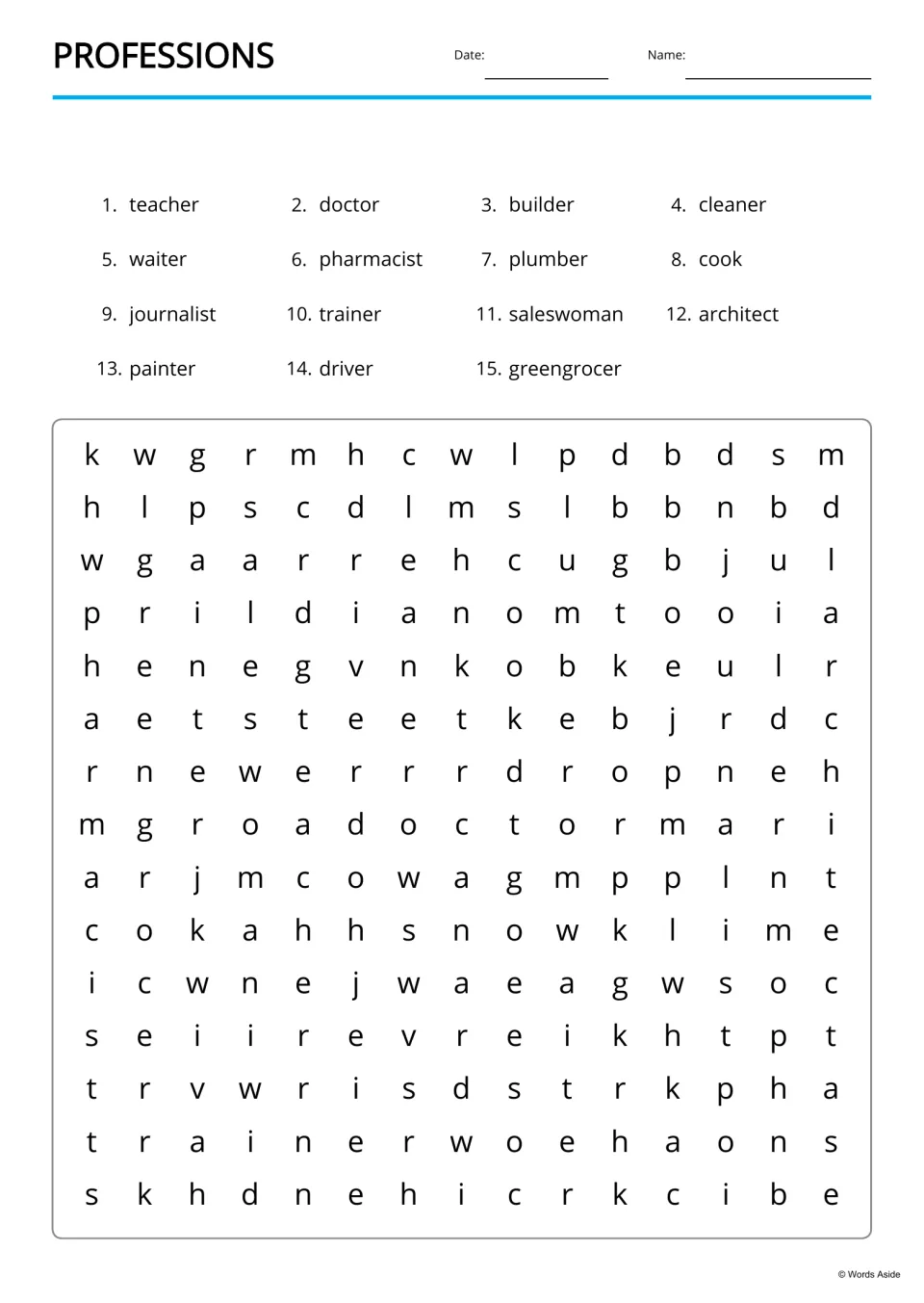 Professions word search: students find 15 listed job words, from teacher and cook to saleswoman, hidden among the letters