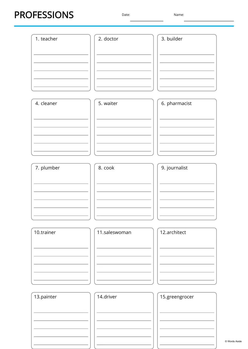 Professions copywork: students copy each of 15 job words, such as plumber, journalist and architect, repeatedly