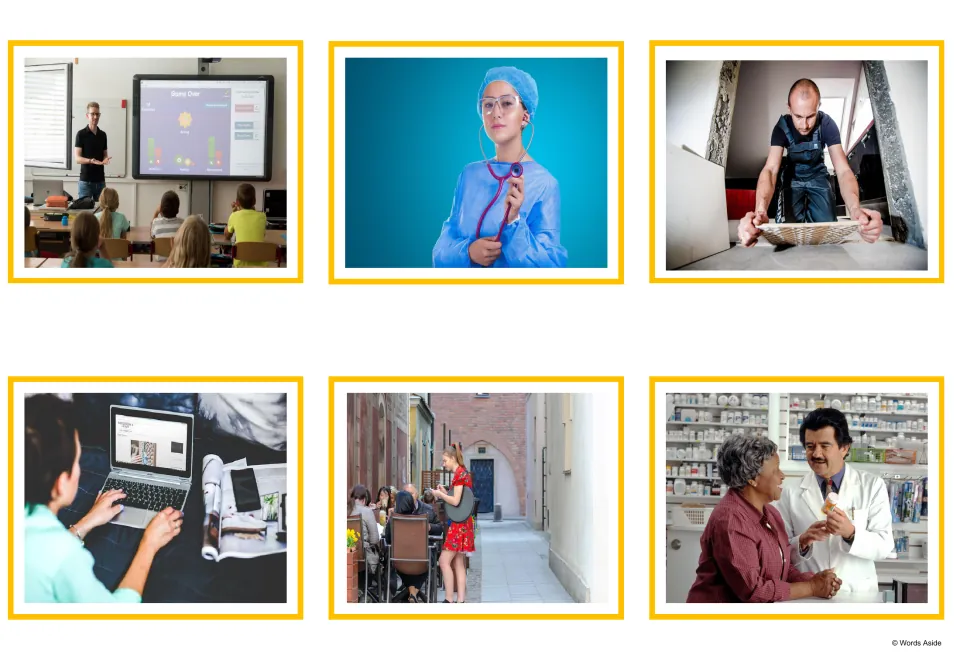 Job photo cards: six pictures including a teacher in class, a doctor with a stethoscope, a waitress and a pharmacist