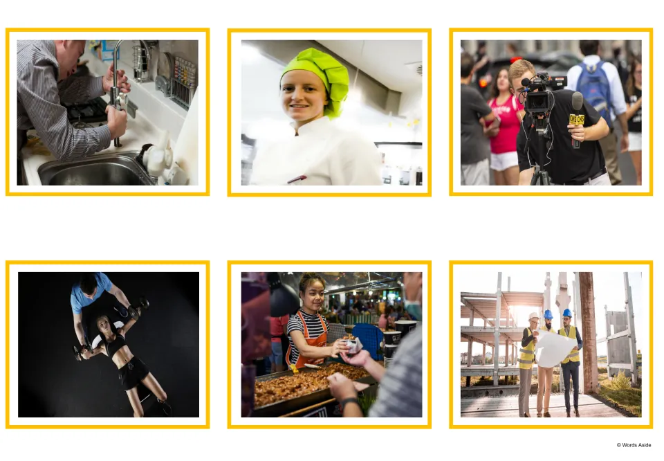 Job photo cards: six pictures including a plumber at a sink, a cook, a camera operator, a fitness trainer and architects