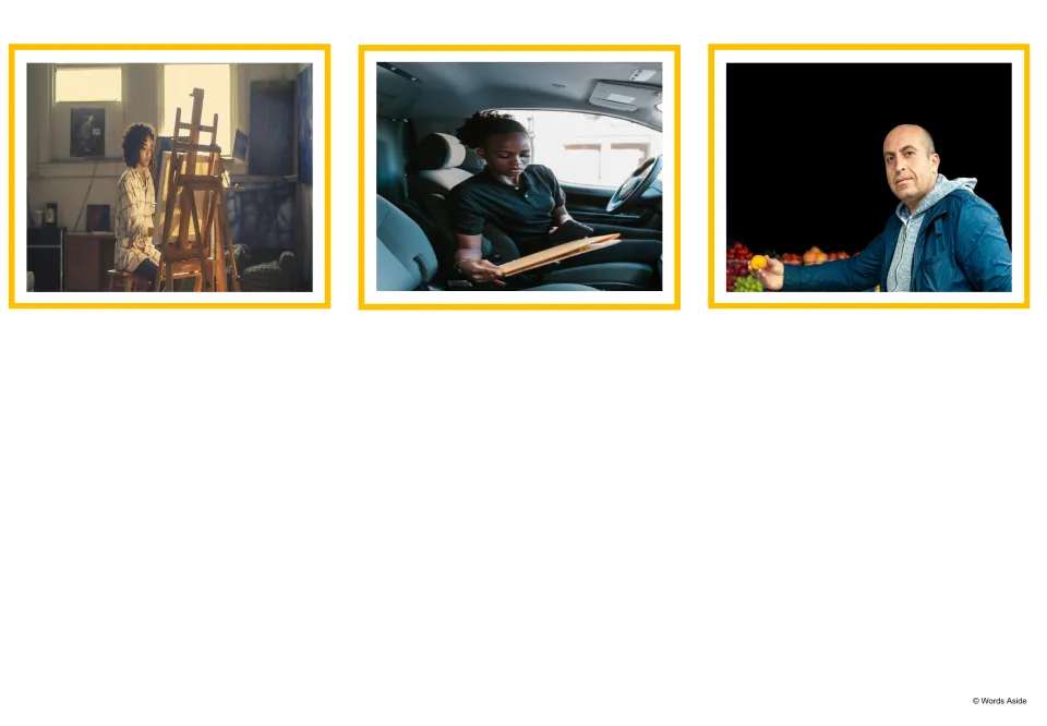 Job photo cards: three pictures showing a painter at an easel, a driver in a car and a greengrocer holding fruit