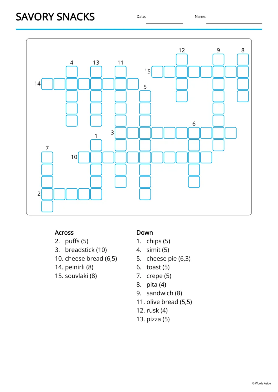 Savory snacks crossword: students fill in 15 snack words from Across and Down clue lists, e.g. puffs (5), cheese pie (6,3)
