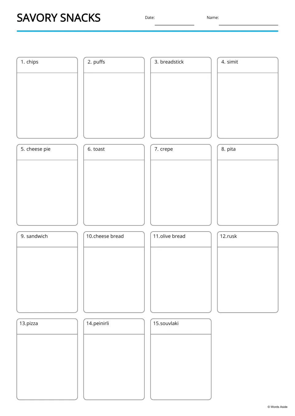 Savory snacks labels 1 to 15, from chips and puffs to peinirli and souvlaki, each above a blank space to fill in