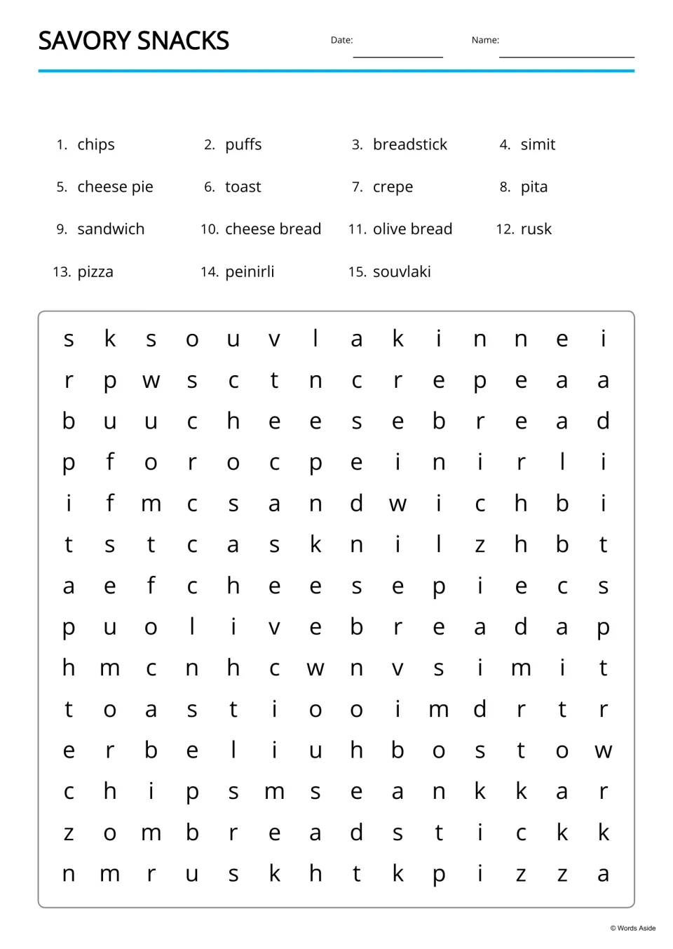 Savory snacks word search: students find 15 listed snack words, such as breadstick and souvlaki, hidden in the letters