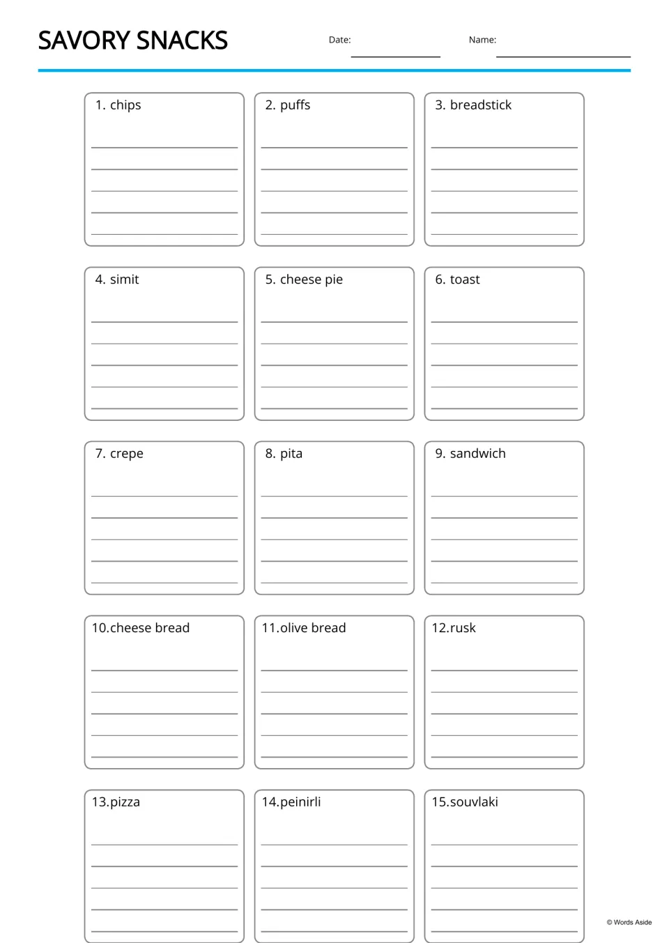 Savory snacks copywork: students copy each of 15 snack words, from chips to souvlaki, several times in handwriting
