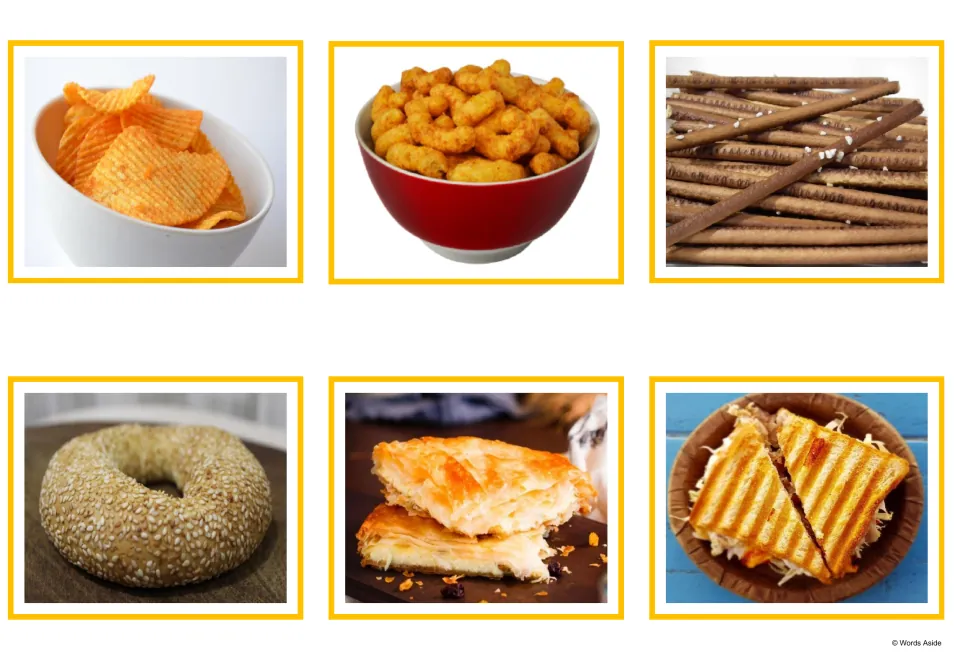 Snack photo cards: chips in a bowl, cheese puffs, breadsticks, a sesame simit ring, flaky cheese pie and a toasted sandwich