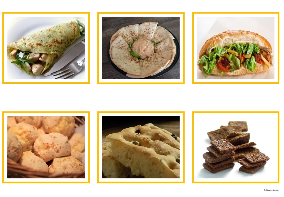 Snack photo cards: a filled crepe, pita wedges with dip, a stuffed sandwich roll, cheese bread rolls, olive bread and rusks
