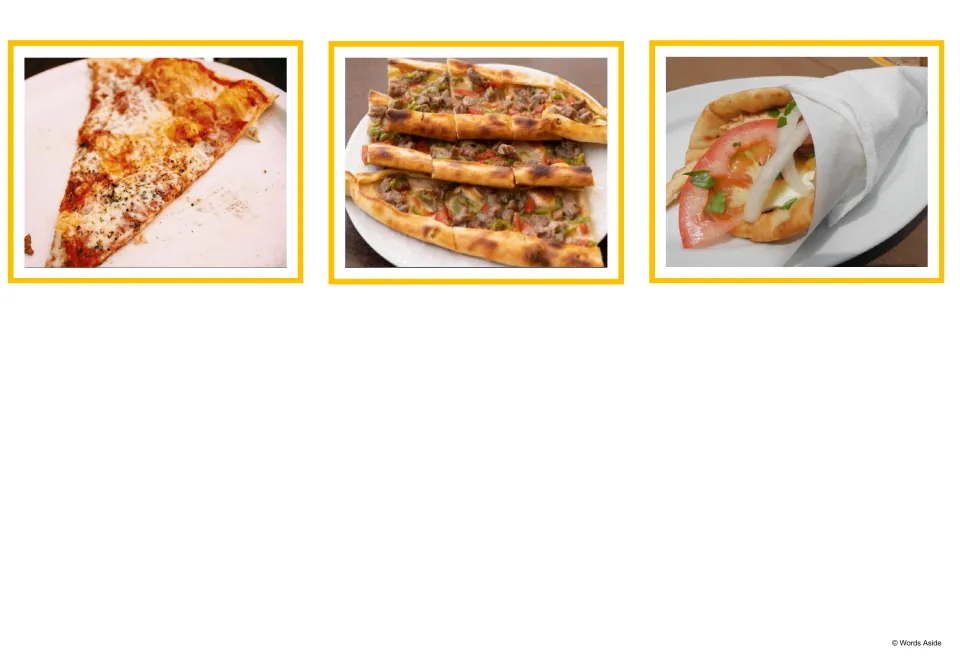 Snack photo cards: a slice of cheese pizza, peinirli boat-shaped breads with meat topping and a souvlaki wrap with tomato