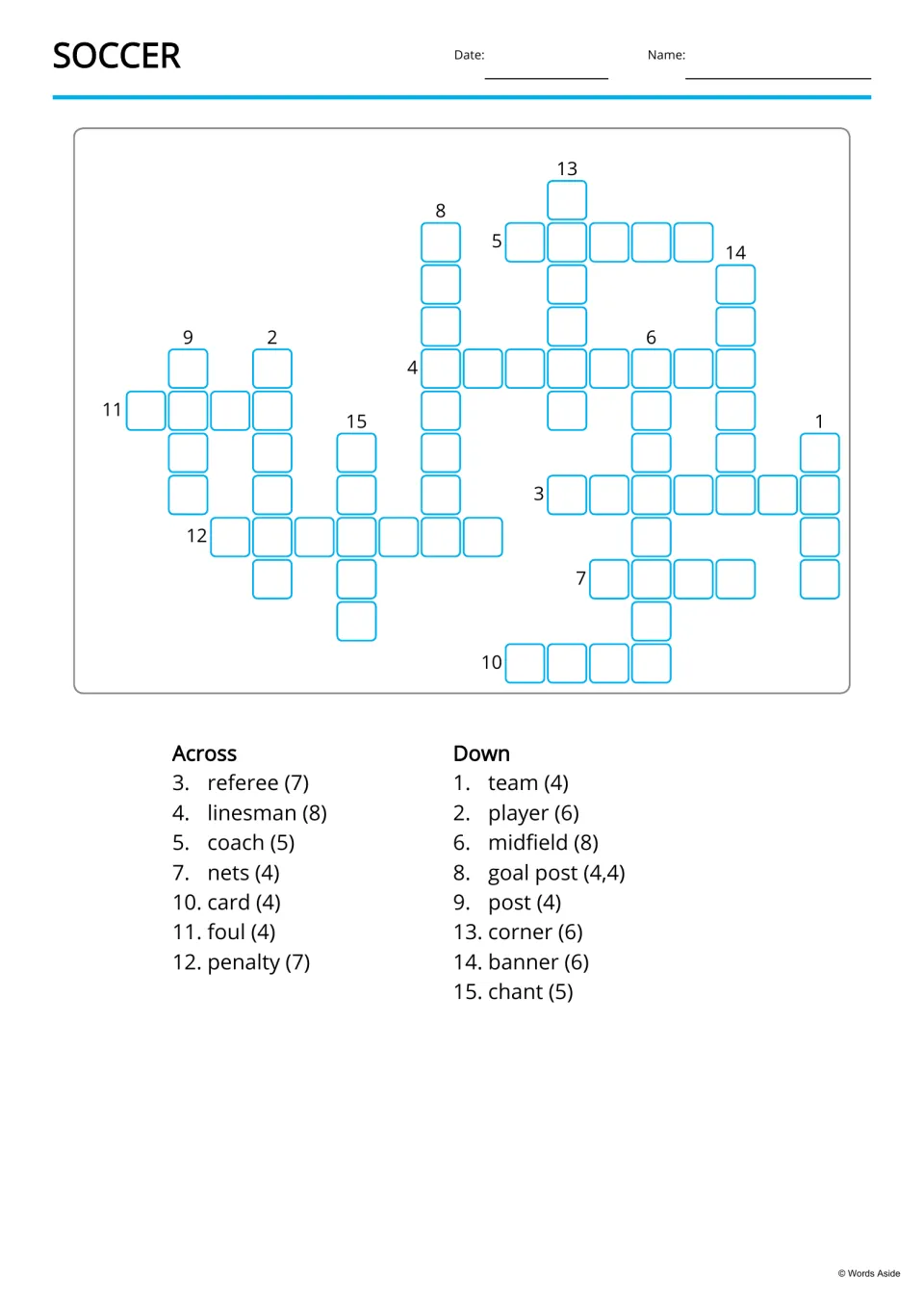 Soccer crossword: students copy given words like referee, linesman and goal post into the puzzle using letter counts