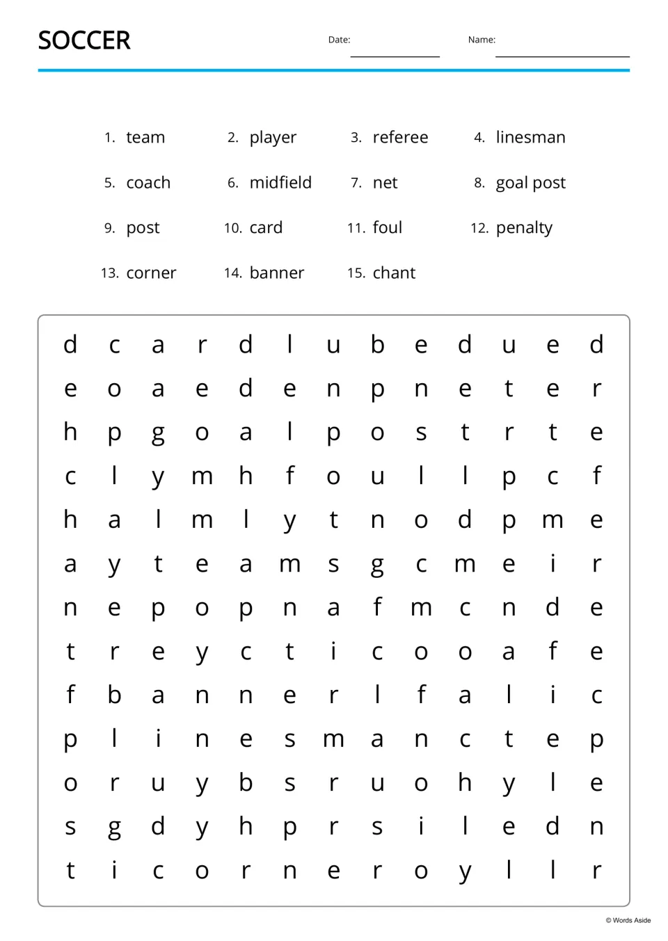 Soccer word search: students find 15 listed words, including midfield, goal post and banner, hidden among scrambled letters
