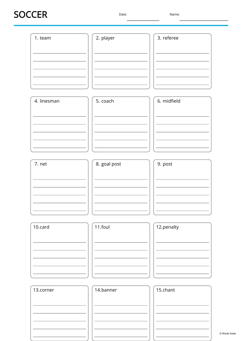 Soccer word writing: each of the 15 words, from team to chant, has space for students to write about or use it