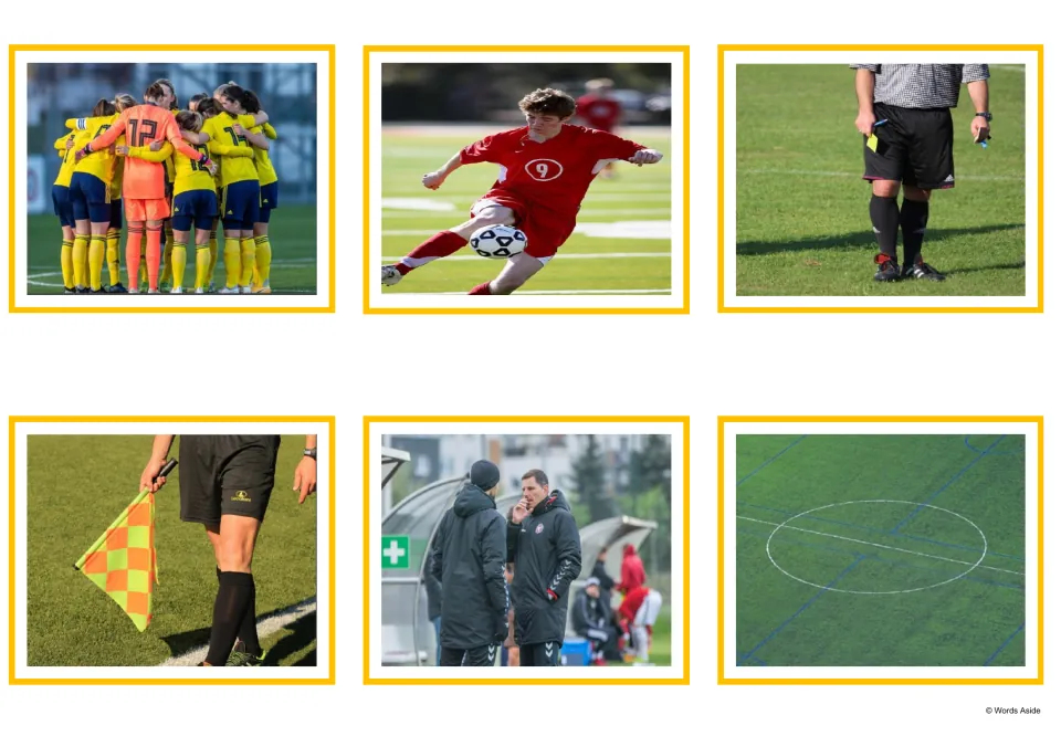 Soccer photo cards: a team huddle, a player kicking, a referee, a linesman with flag, coaches and the midfield circle
