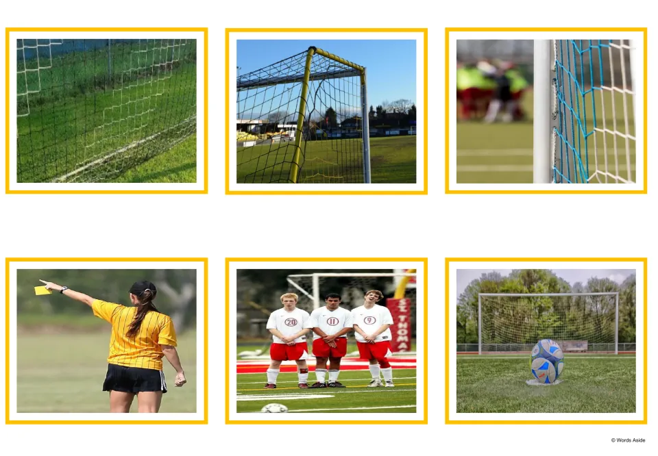 Soccer photo cards showing goal nets, a goal post, a post, a referee raising a yellow card, a defensive wall and a ball