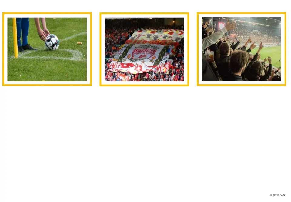 Soccer photo cards showing a corner kick by the flag, a huge fan banner held in the stands and a crowd of fans chanting