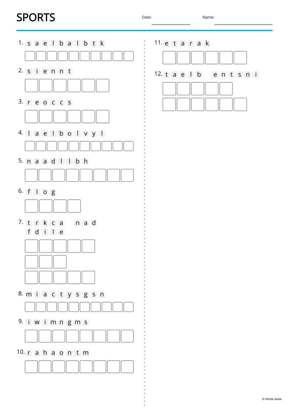 Sports anagrams: students unscramble 12 jumbled sport names, such as s i e n n t into tennis, and spell each answer
