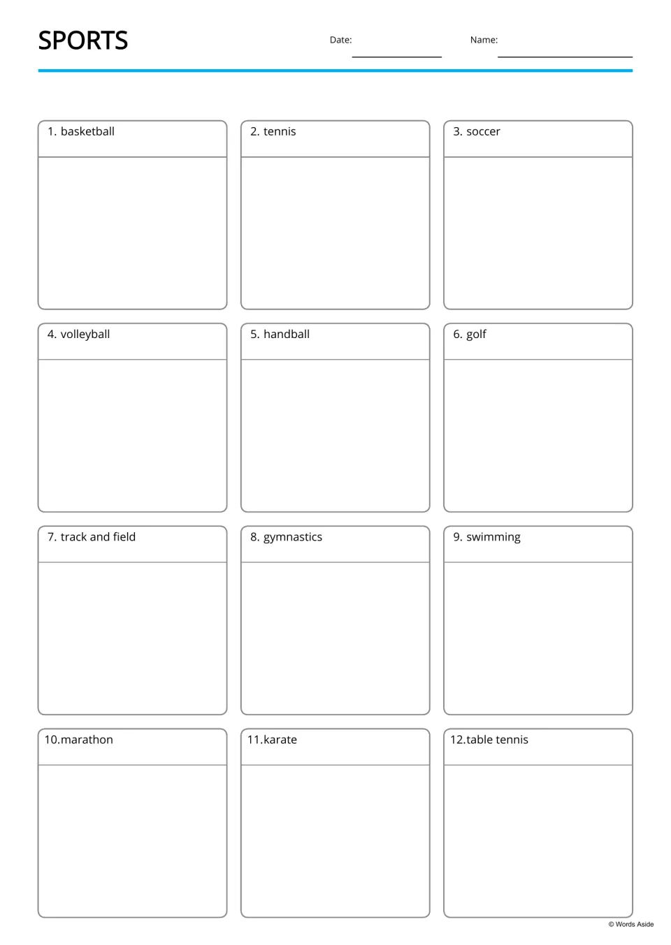 Sports vocabulary: 12 sport names, basketball through table tennis, each with space for students to add a matching picture