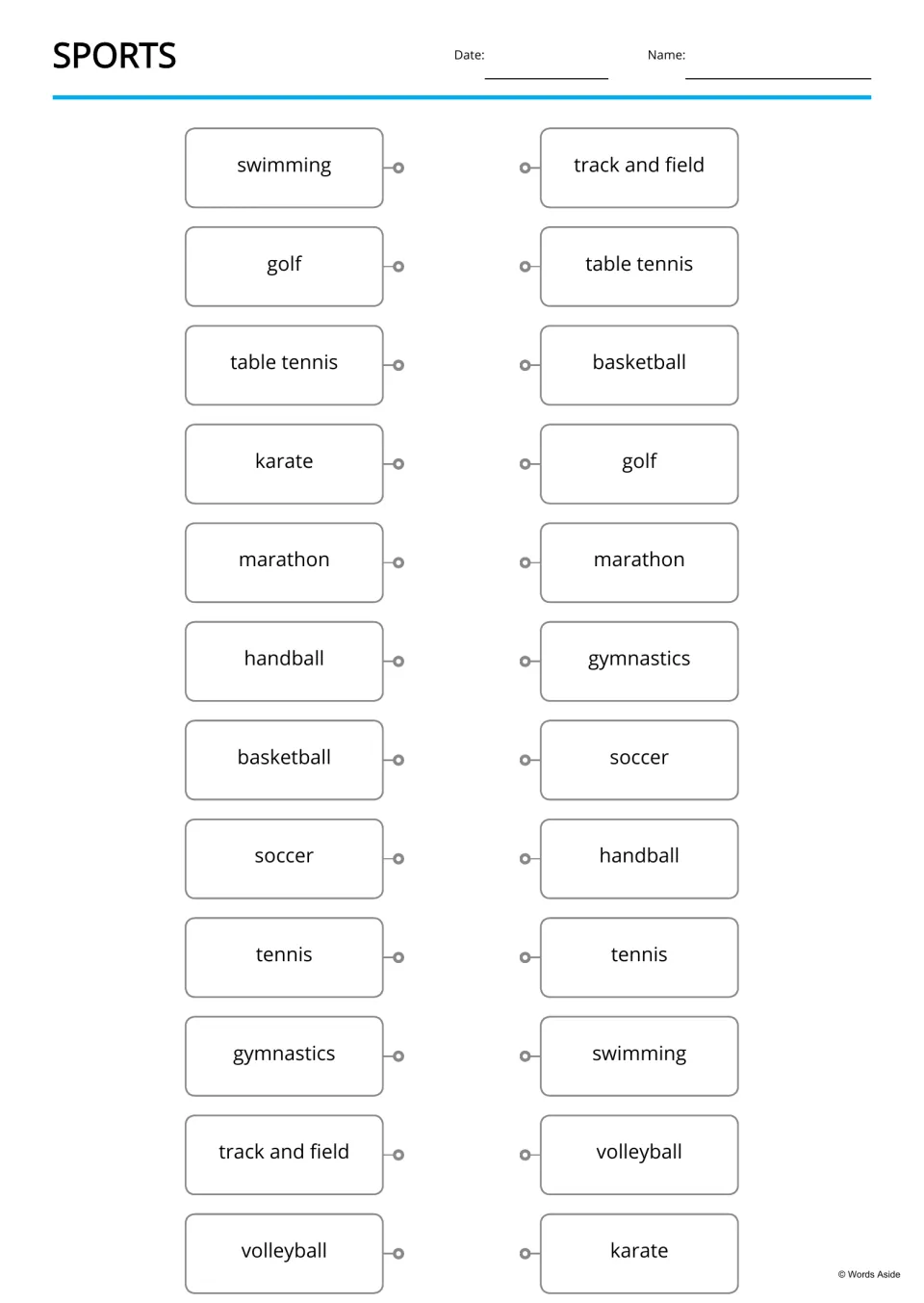 Sports word matching: students draw a line joining each sport name in the left list to the same word in the right list