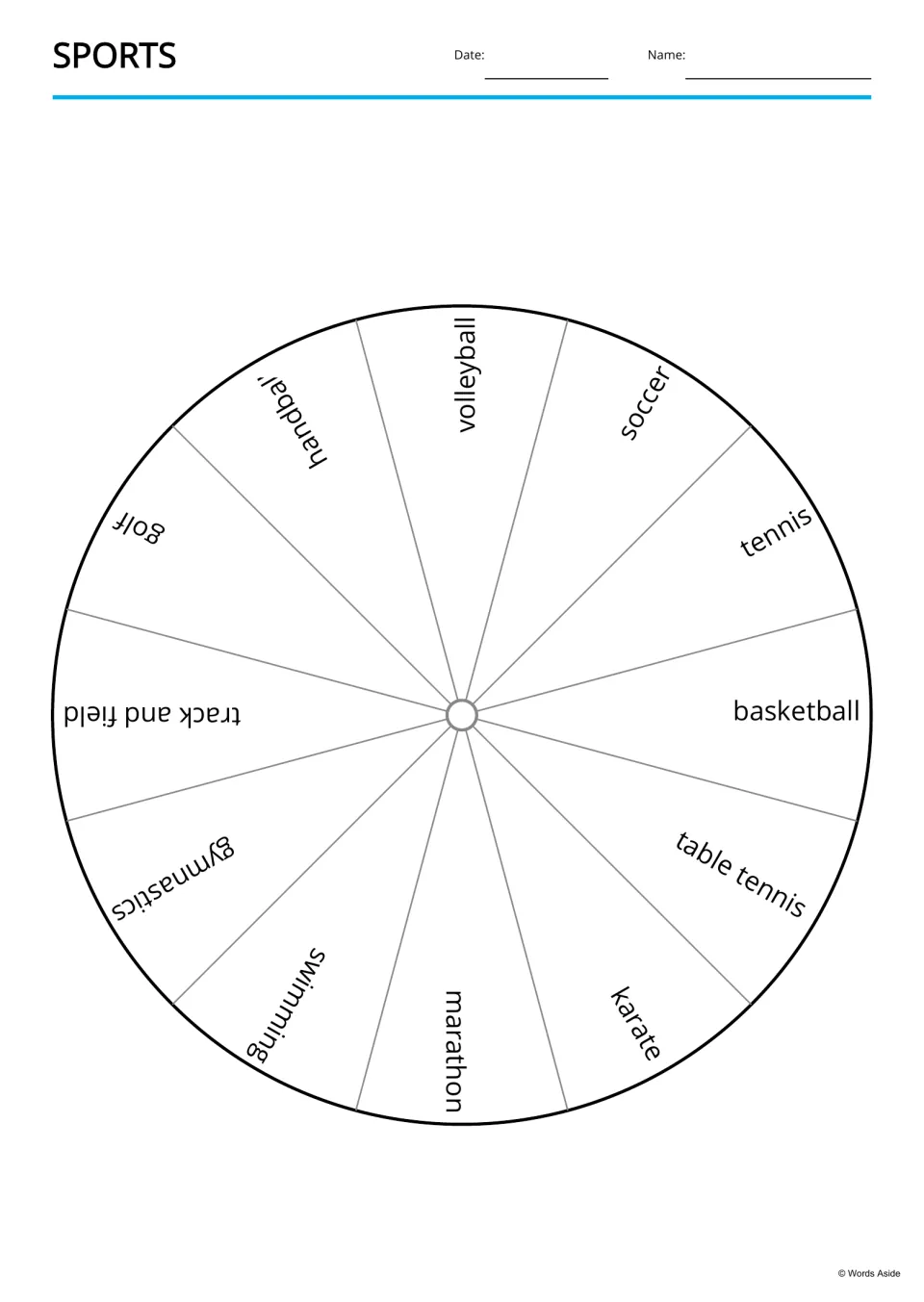 Sports word wheel divided into 12 sections, each naming a sport such as volleyball, karate, marathon and table tennis