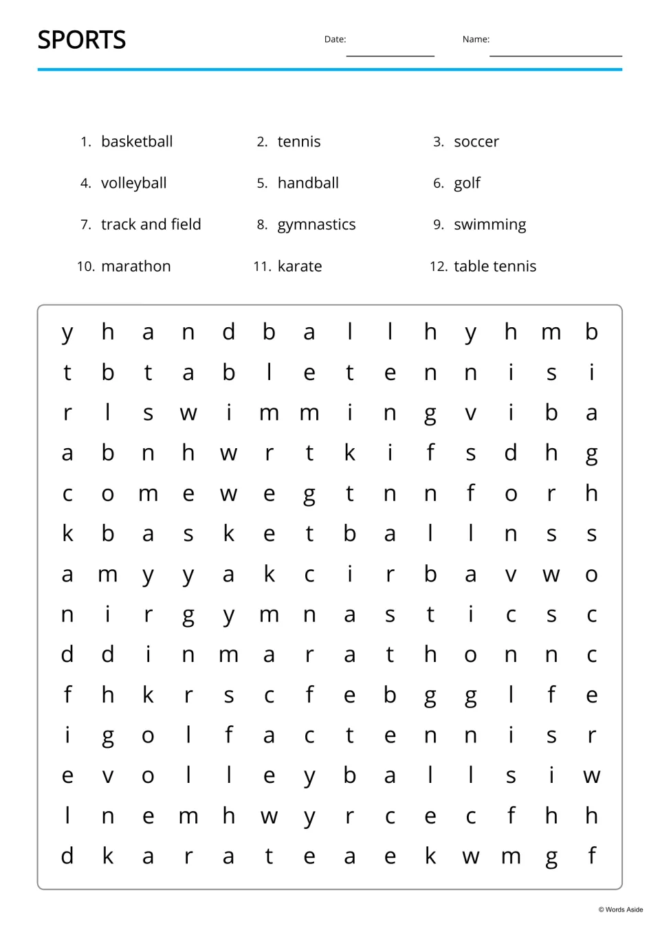 Sports word search: students find 12 listed sports, including handball, swimming and track and field, in the puzzle