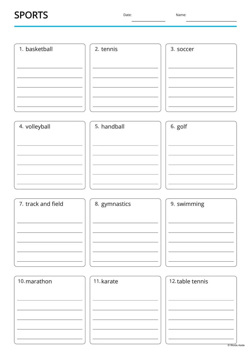 Sports writing: for each of the 12 sports, from basketball to table tennis, students write about that sport