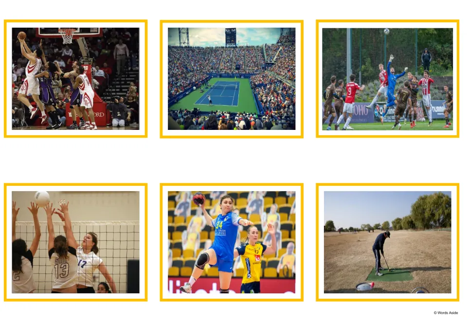 Sports photo cards: basketball, tennis, soccer, volleyball, handball and golf in action, for sports 1 to 6