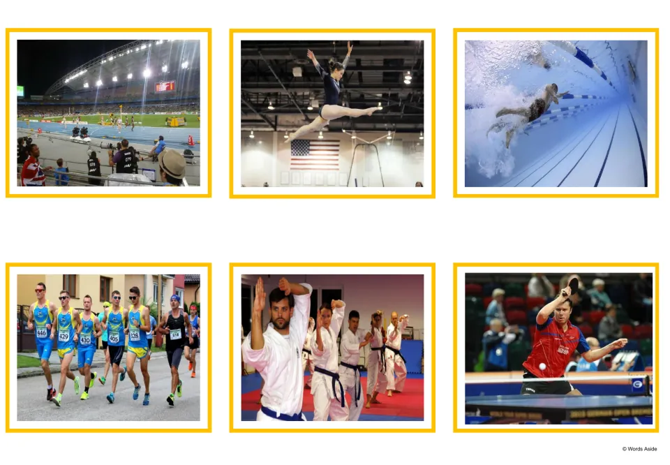 Sports photo cards: track and field, gymnastics, swimming, marathon, karate and table tennis in action, for sports 7 to 12