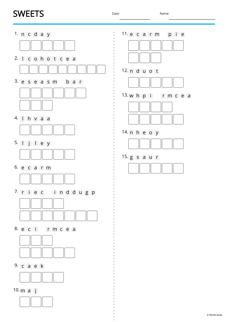 Sweets anagrams: students unscramble 15 jumbled words like ncday and lcohotcea, spelling each one letter by letter
