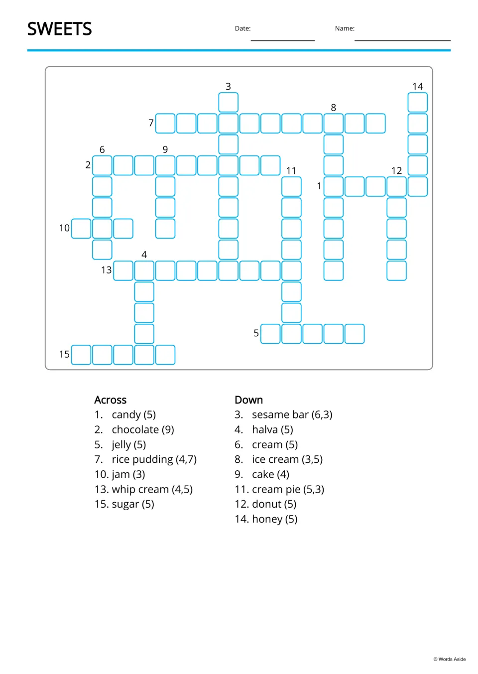 Sweets crossword: students fill in candy, chocolate, halva, honey and more from Across and Down word clues with lengths