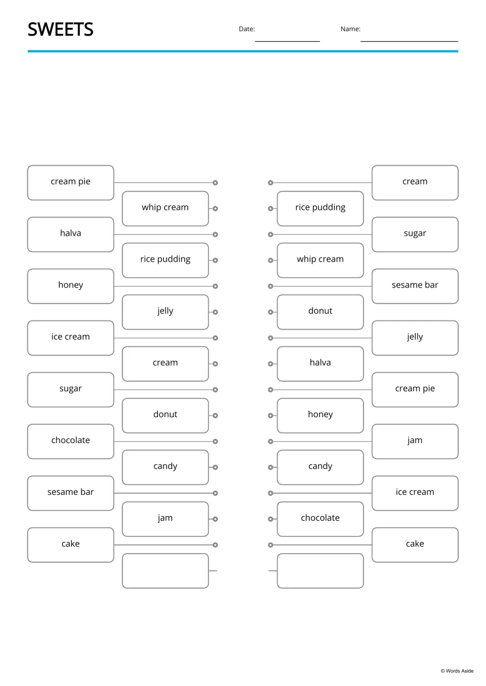 Sweets word matching: students join each word such as halva, honey or cream pie to the same word on the other side
