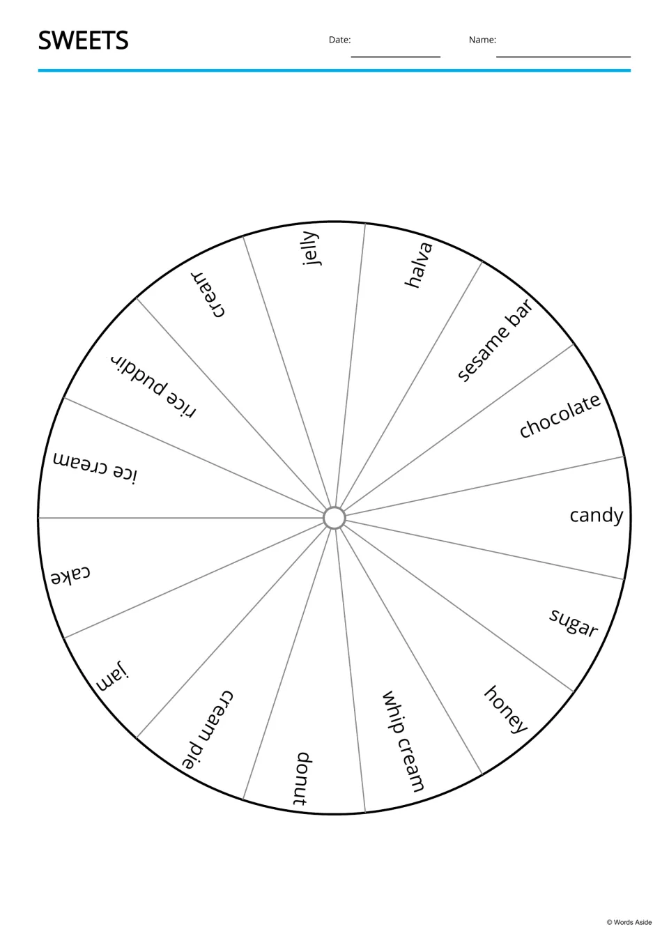 Sweets word wheel divided into 15 segments, each naming one treat such as jelly, halva, chocolate, donut and whip cream