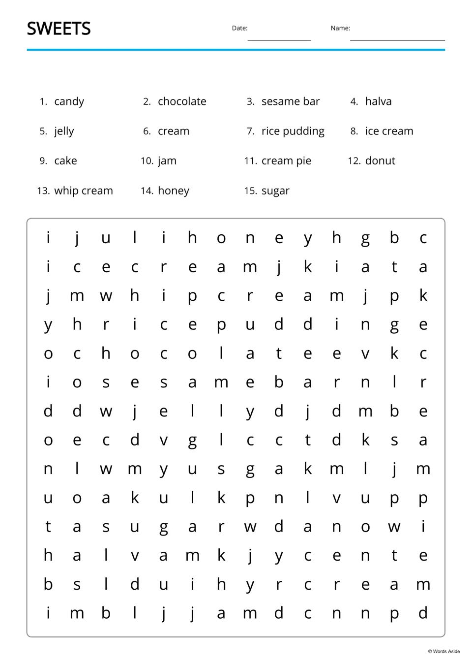 Sweets word search: students find 15 hidden words, including candy, rice pudding, ice cream and whip cream