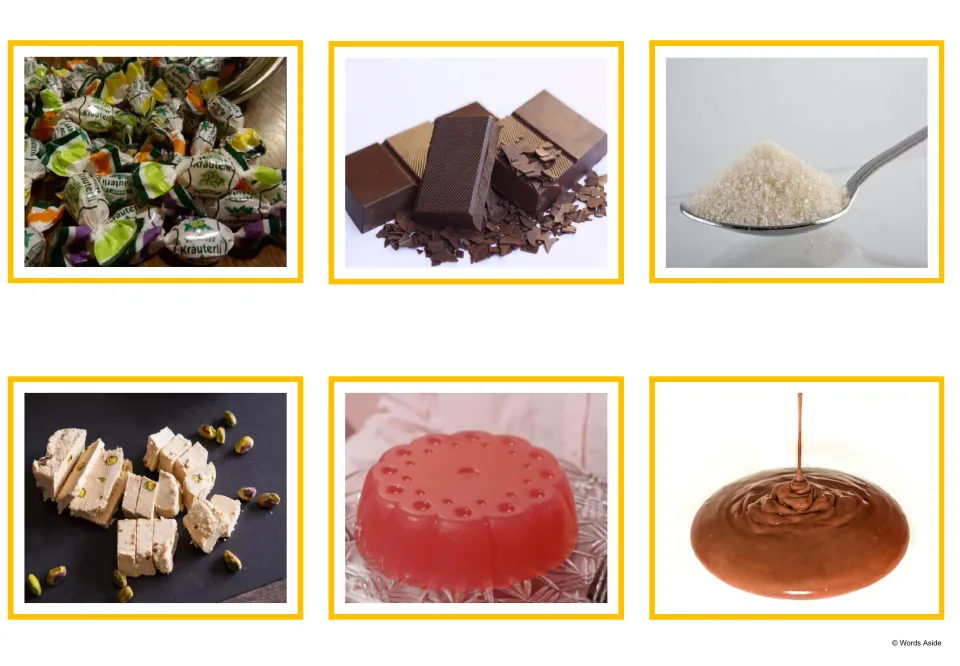 Sweets photo cards: six unlabeled pictures of wrapped candies, chocolate bars, sugar on a spoon, nougat, jelly and sauce