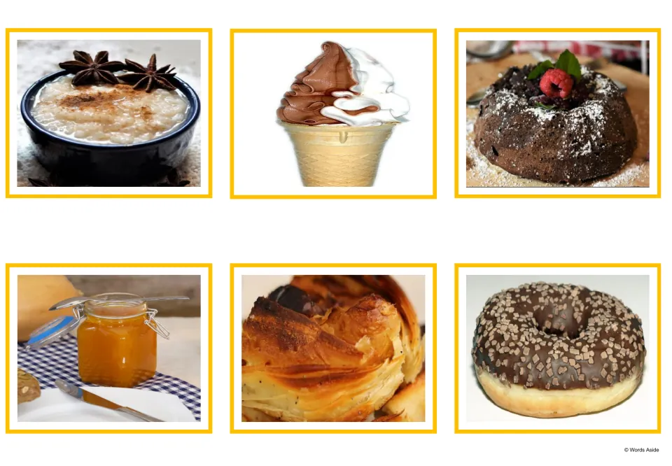 More sweets photo cards: six pictures of rice pudding, a soft-serve cone, chocolate cake, a jar of jam, pastry and a donut