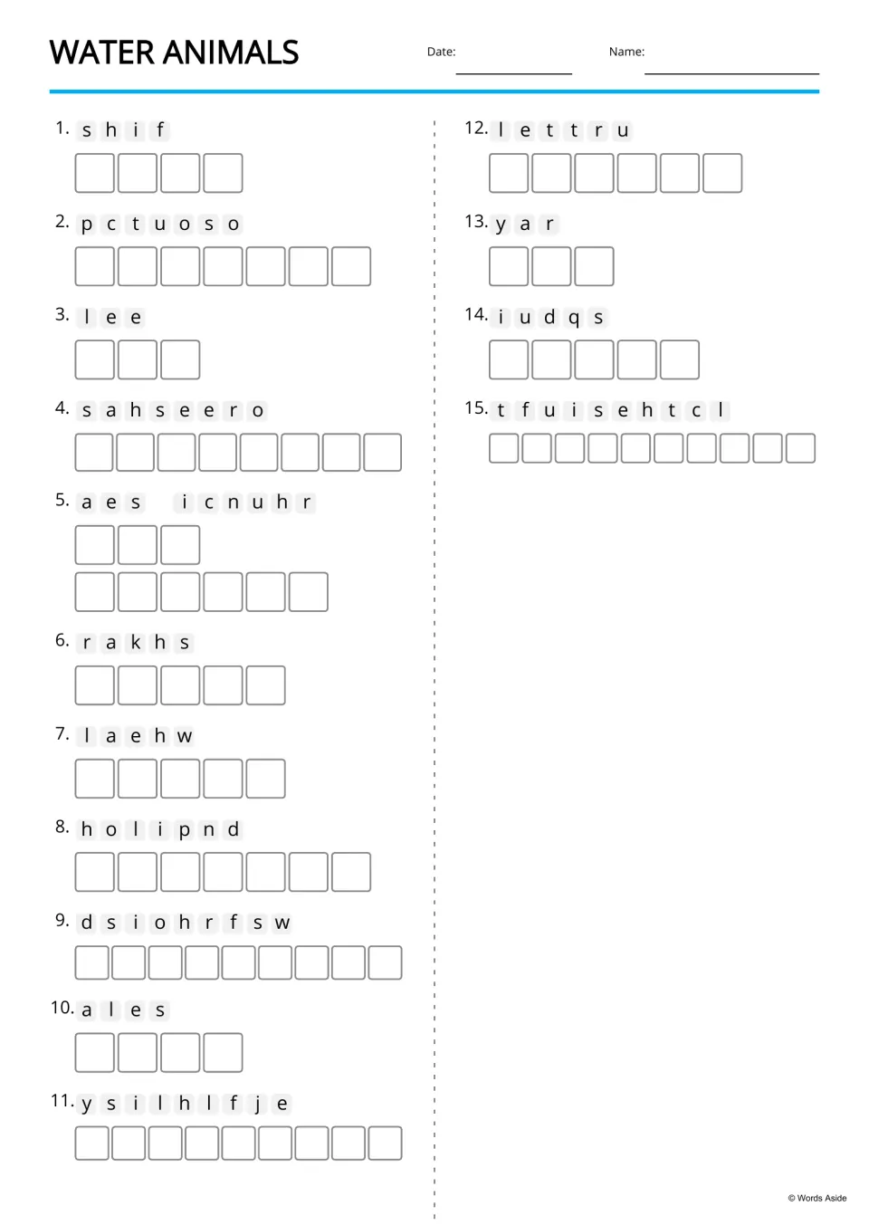 Water animals anagrams: students unscramble 15 jumbled words like s-h-i-f and r-a-k-h-s, writing one letter per box