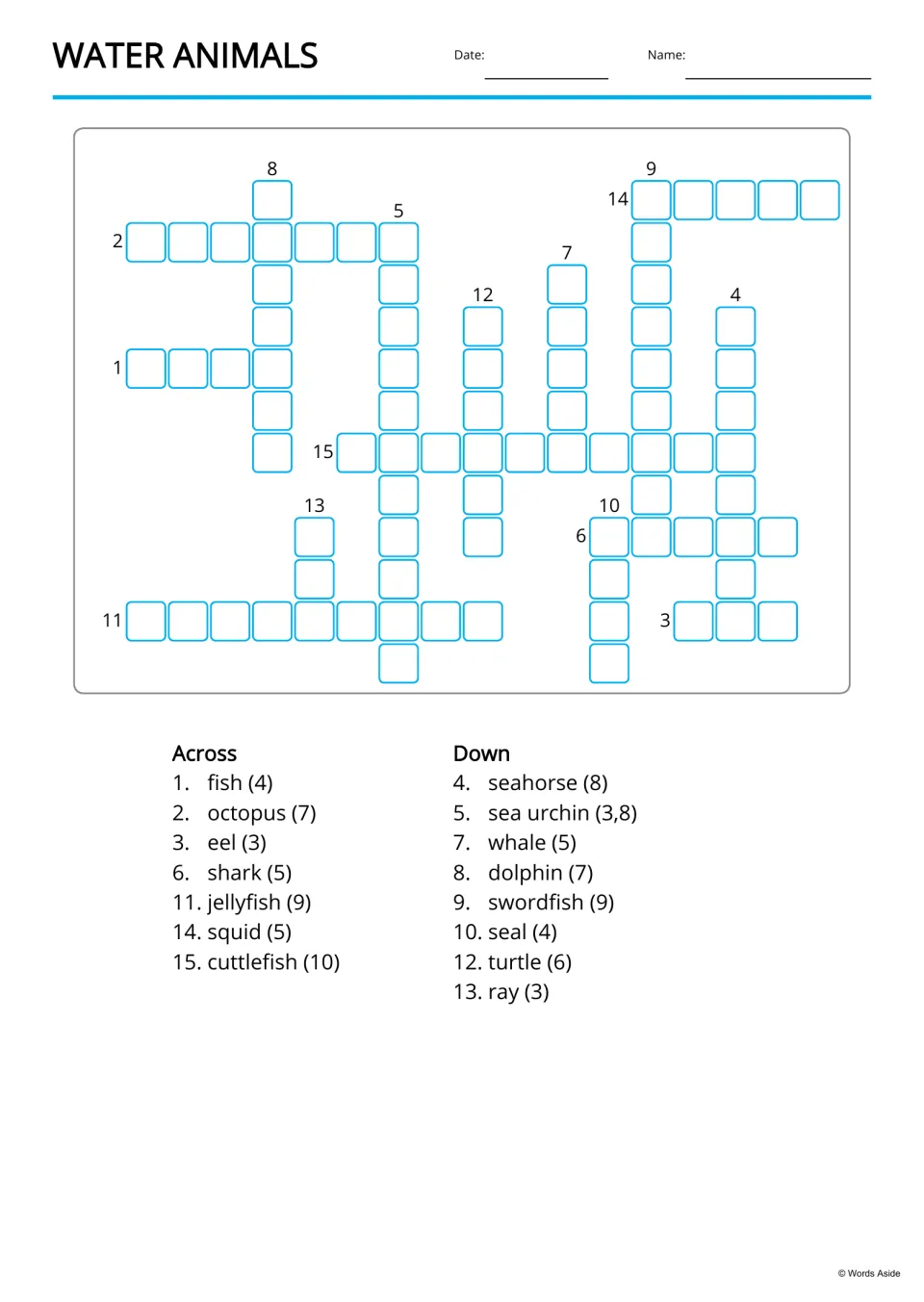Water animals crossword: students fill in 15 sea creature names using Across and Down clues with letter counts