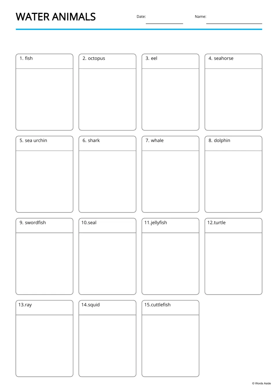Water animals drawing page: students draw each of 15 labeled animals, from fish and octopus to squid and cuttlefish