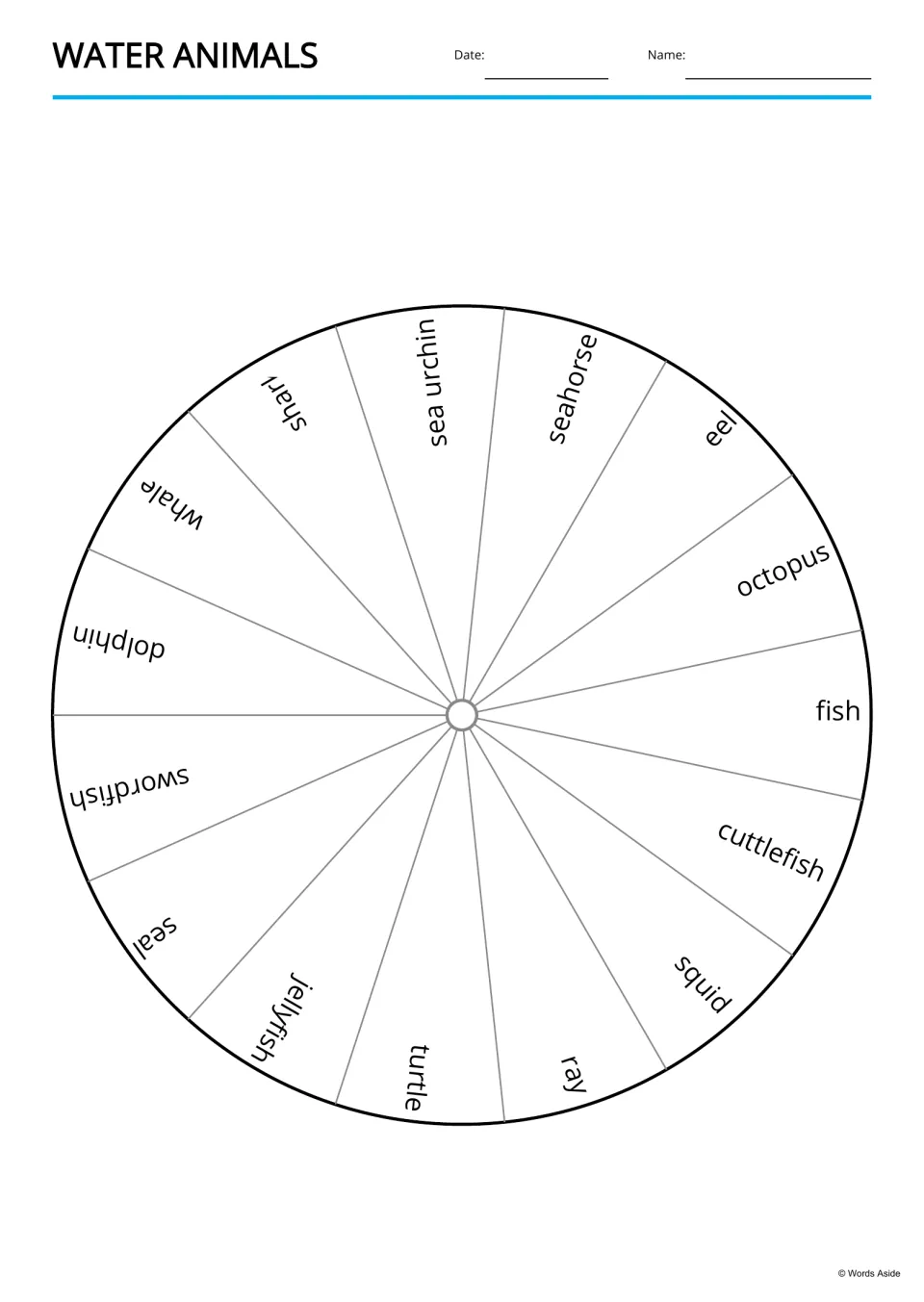 Water animals word wheel showing all 15 names, including shark, seahorse, octopus, cuttlefish and ray, around a circle