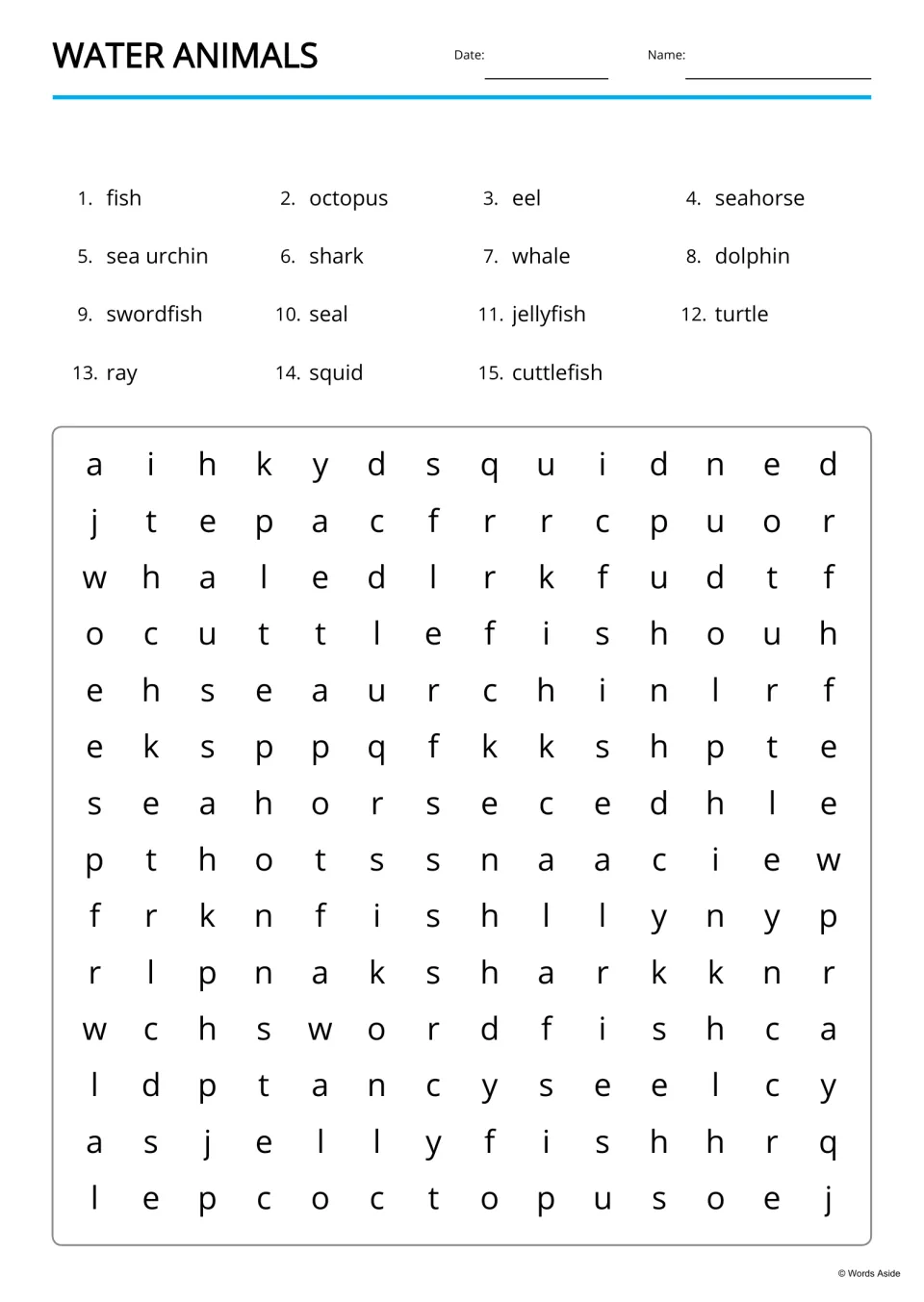 Water animals word search: students find 15 hidden names such as seahorse, jellyfish and swordfish among scrambled letters